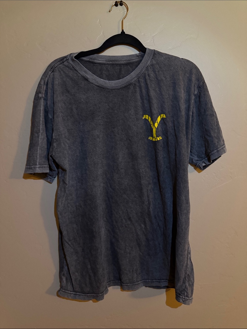 Washed Gray Short Sleeve Tee with Small Yellow Chest Accent